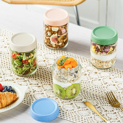 DRKIO 16 Oz Overnight Oats Containers with Lids - 4 Pack Glass Storage Jars with Airtight Lids Wide Mouth Mason Food Jars Great for Meal Prep Salad Chia Pudding Snacks Yogurt Sugar Spice Cereal