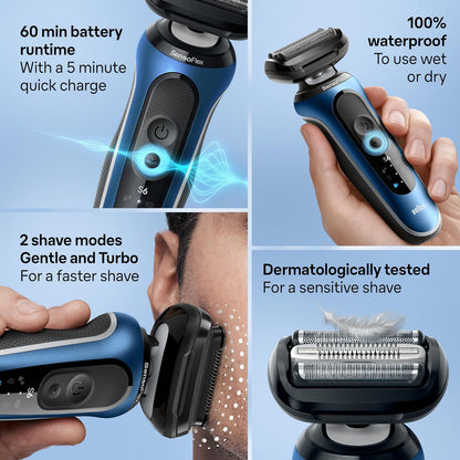 Braun Electric Shaver for Men, Series 6 6120s, Wet & Dry Shave, Turbo & Gentle Shaving Modes, with Precision Trimmer & Pouch, Blue