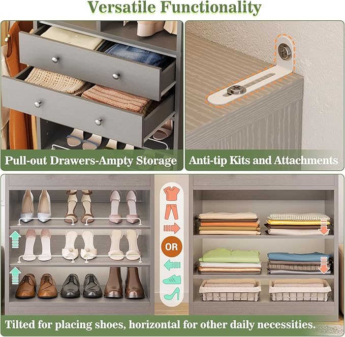 Closet System, Up to 134"/11.2 FT Closet Organizer with 4 Wooden Drawers and Shelves, Walk-in Closet System with 6 Hanging Rods, Built-in Closet Can Fit 96"/8FT, 120"/10FT, Morandi Grey