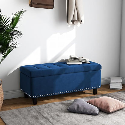 Ottoman with Storage, Storage Ottoman Bench with Button-Tufted, Upholstered End of Bed Bench with Wooden Legs for Bedroom, Entryway (Navy Blue, Set of 1)