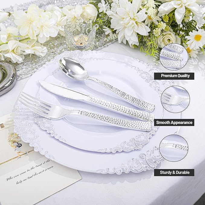 300Pieces Silver Plastic Silverware - Hammered Disposable Utensils - Heavy Duty Plastic Cutlery Set Includes 100 Forks, 100 Spoons, 100 Knives for Dinner Parties Weddings