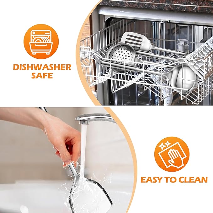 E-far Stainless Steel Cooking Utensils, 4-Piece Heat Resistant Kitchen Utensils Set, Non-toxic Metal Kitchen Tools Spatulas Set Including Soup Ladle, Slotted/Solid Turner, Skimmer, Dishwasher Safe