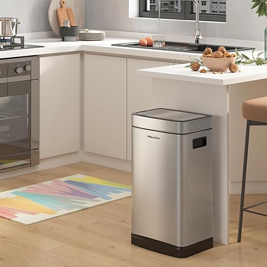 8 Gallon Stainless Steel Garbage Can with Removable Inner Bucket,30L Kitchen Trash Can with Press Top Lid(Brushed Gray)