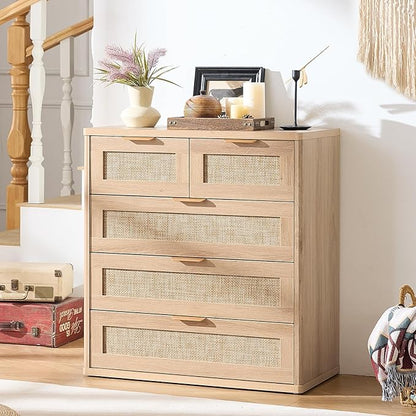 LEYAOYAO Rattan Dresser for Bedroom Set of 2, 33.5" Tall Chest of Drawers, Modern 5 Drawers Boho Dressers with Storage, Light Oak Dresser Wooden Closet Organizer for Living Room, Hallway, Natural Wood