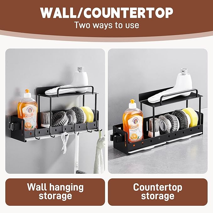 Wall-Mounted Cleaning Tool Organizer, 16.14x4.33x3.74 inches, Black Storage Rack with Drip Tray, Mop Holder with 5 Hooks