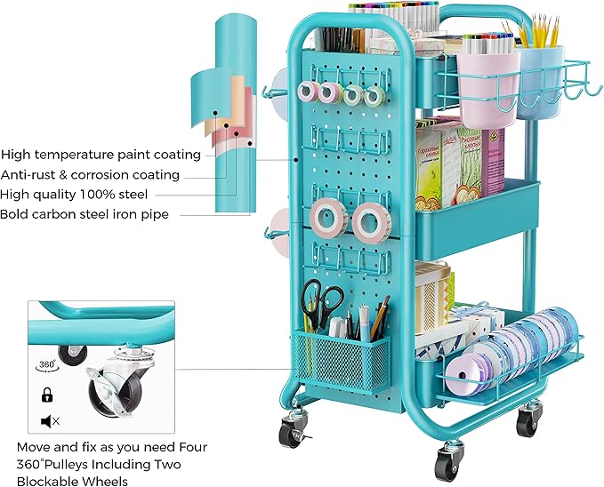 DESIGNA 3-Tier Utility Storage Rolling Cart with Removable Pegboard & Extra Storage Baskets Hooks, Metal Craft Art Carts for Gift Home Office, Teal