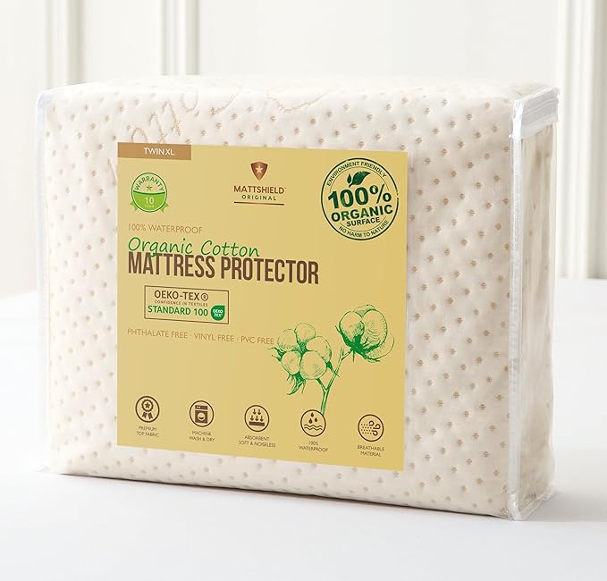 Luxury Waterproof Organic Mattress Protector Twin XL - Organic Cotton Breathable Mattress Pad Cover - New 380 GSM Comfort - Deep Pocket - Jersey Cotton Skirt - Fitted Comfort
