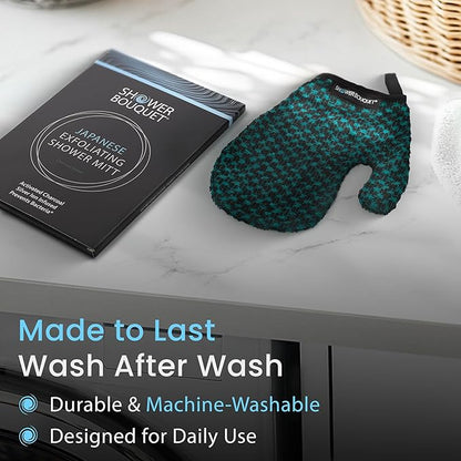 Japanese Exfoliating Mitt for Shower [Green] - Charcoal & Silver Ion Exfoliating Glove - Gentle Exfoliation & Deep Cleansing Shower Mitt - Exfoliating Body Scrubber Glove, Soft Fabric Inside