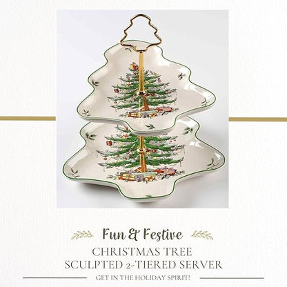 Spode Christmas Tree 2-Tiered Server, Tree-Shaped - Holiday Cupcake Stand, Dessert Display Set, Porcelain Serving Platter, 10" & 8" Plates, Dishwasher Safe Serveware for Appetizers, Desserts, Cookies
