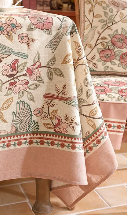 patdrea Designer Pink Linen Table Cloth for Sqaure Table,French Tablecloth with Birds Pattern,Small Colorful Decoration Cover for Kitchen Dining,Christmas,Party,Thanksgiving,67"x67"-Kulom a