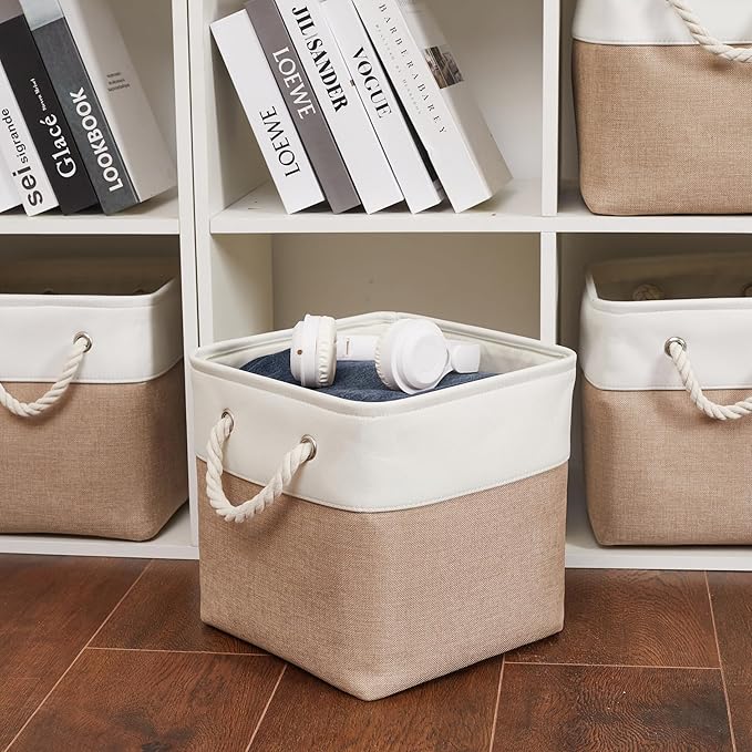 11 x 11 Inch Storage Cubes, 6 Pack Large Collapsible Fabric Storage Bin with Ropes, Foldable Storage Cubes for Home, Office,Closet, Clothes, Toys Organizer (White&Beige)