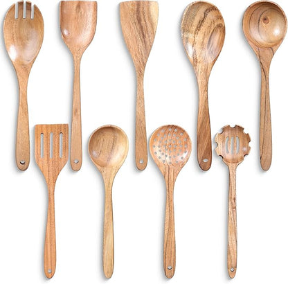 INTAJ Premium Teak Wooden Spoons for Cooking – 9-Piece Kitchen Utensils Set, Durable & Nonstick Safe, Eco-Friendly,Ergonomic Stir, Mix, Scrape & Serve – Ideal for Nonstick,Cast Iron & Ceramic Cookware