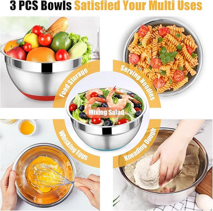 P&P CHEF Mixing Bowl with Lids Set of 3, Stainless Steel Nesting Salad Bowls for Serving Preparing, 3 Grater Attachments & Non-Slip Bottoms, Size 1.5/2.6/4.6 QT, Multicolor