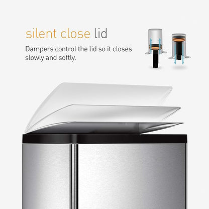 simplehuman Rectangular Dual Compartment Recycling Kitchen Step Trash Can, 46 Liter, Brushed Stainless Steel