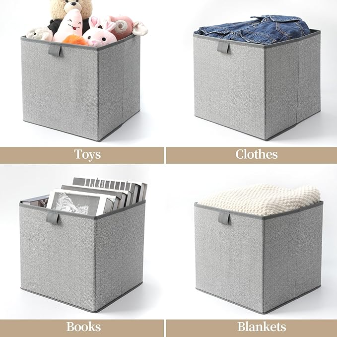 Storage Baskets, 11.8-Inch Woven Fabric Bins, Storage Cubes with Reinforced Handles, Organizer Bins for Closet Shelves, Foldable, for Toys, Clothes, Natural Beige (2PCS/Grey-11.8*11.8*11.8inch)