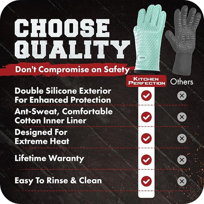 KITCHEN PERFECTION S Silicone Smoker Oven Gloves -Extreme Heat Resistant BBQ Gloves -Handle Hot Food Right on Your Grill Fryer Pit|Waterproof Oven Mitts |Superior Value Set+3 Bonuses