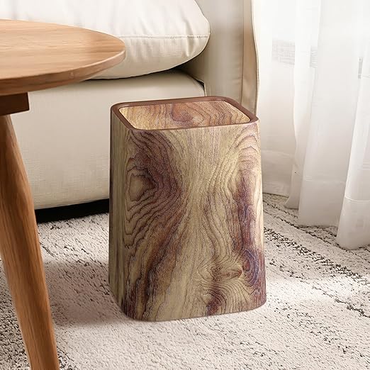 Wood Grain Plastic Trash Can Swing Top Lid, 4Gal/15L Farmhouse Wastebasket Bin Retro Style with Inner Bucket, Bathroom Trash Can Hidden Bag for Room Aesthetic, Square Brown Garbage Can 2pack