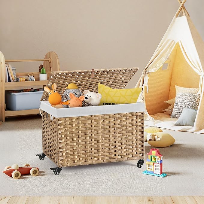 Rolling Storage Basket with Lid, 47.6 Gallon (180L) Storage Bin with Wheels, Woven Rattan Blanket Storage Basket with Handles, Foldable, Metal Frame, Removable Liner for Bedroom, Laundry Room, Natural