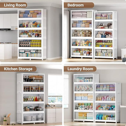 175Gal Plastic Stackable Storage Bins with Lid, 700QT Extra Large Closet Organizers Collapsible Cabinets Boxes With Drawers, Foldable Containers with 4x Wheels for Home Kitchen, V60 5Pack White
