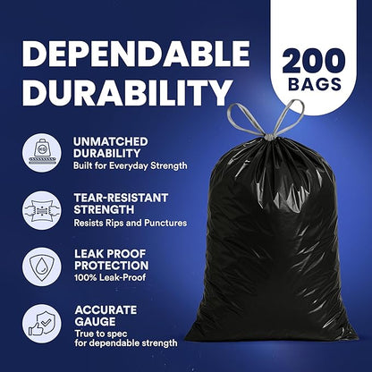 Plasticplace 13 gallon Extra Tall Drawstring Kitchen Trash Bags | Black 1.2 Mil, 24"W x 31"H (200Count)
