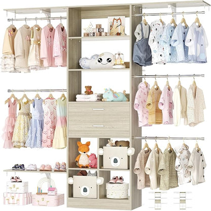 5FT Small Closet System, Baby Closet Organizer System with Wooden Drawers, 60 Inches Walk in Closet System with 5 Hanging Rods and 3 Reversible Hanging Shelving, Greige Oak