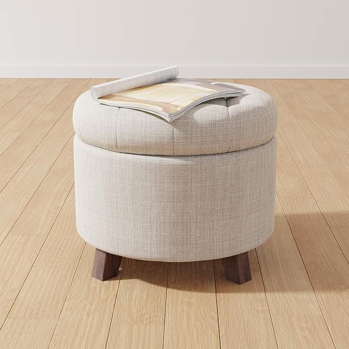 Amazon Basics Round Linen Ottoman with Storage, Tufted Upholstered Footstool for Living Room and Bedroom, 20" x 17", Linen Burlap Beige