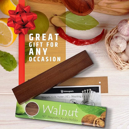 Premium 10 Inch (Small Size) Dark Walnut Wood Magnetic Knife Holder – Professional Wooden Magnetic Knife Strip - Space-Saving Knife Rack/Knife Bar With Powerful Magnetic Pull Force (Upgraded Version)
