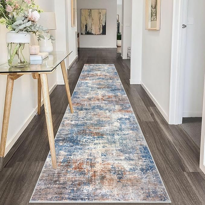 IOHOUZE Abstract Runner Rug 2x10 Ft Washable Runners for Hallways, Non Slip Kitchen Runner Printed Faux Wool Entryway Runner Indoor, Modern Abstract Floor Carpet for Hall Kitchen, Blue Rust