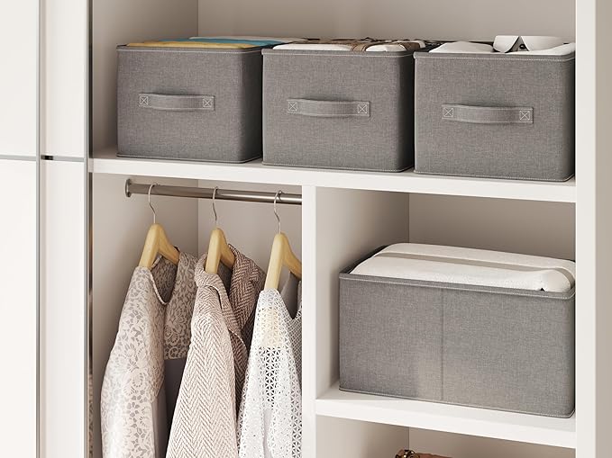 3 Pack Fabric Storage Bins for Shelves | 16.25x12x10in Closet Storage Baskets | Collapsible Storage Bins |Fabric Closet Organizers with Handles | Grey
