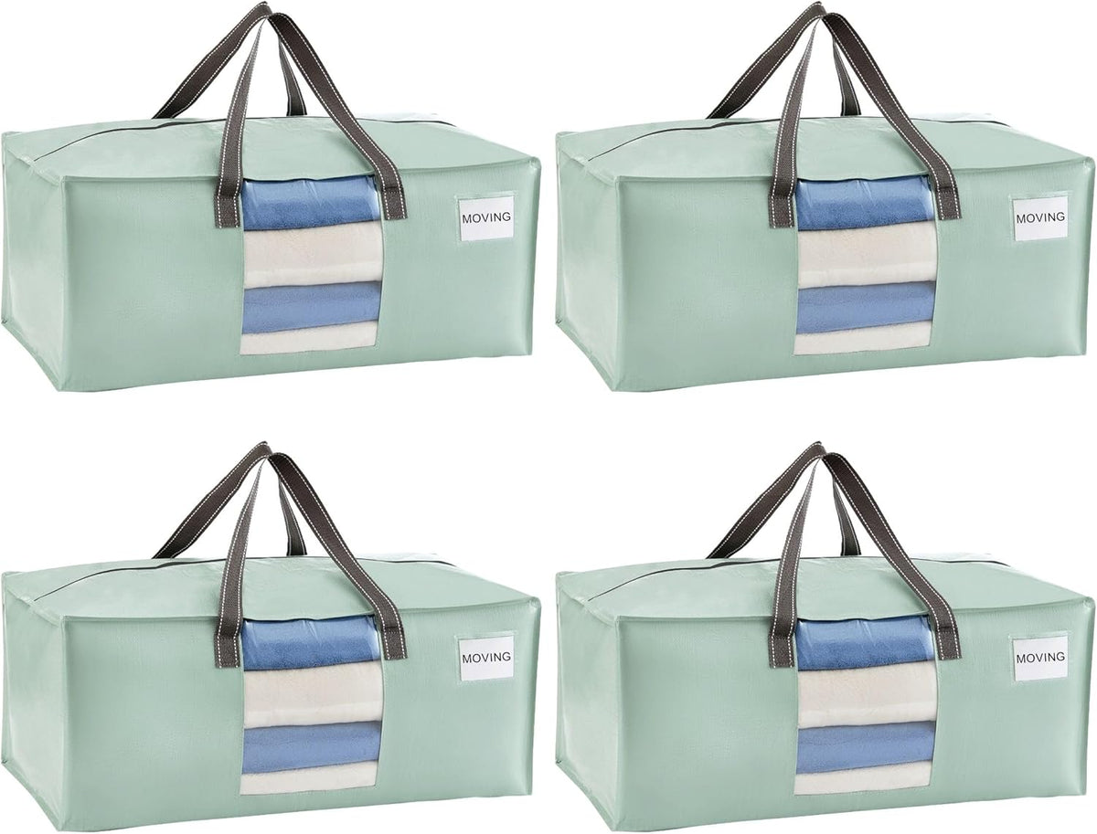 VENO 4 Pack Moving Bags for College, Heavy-Duty Storage Totes, Moving Boxes and Wardrobe Packing Supplies Alternative - Extra Large Durable Laundry Bags for Clothes (Shiny Light Green, 4 Pack)