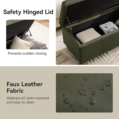 41" Faux Leather Storage Ottoman, Stitch Tufted Rectangle Upholstered End of Bed Storage Bench, Entryway Large Couch Ottoman with Wooden Legs,Green