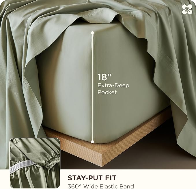Bedsure Cooling Sheets, Rayon Derived from Bamboo & Cotton Blend, GentleSoft, Breathable, Queen Sheet Set, Deep Pocket Up to 18 Inches, Hotel Luxury Bedding for Hot Sleepers, Tea Green