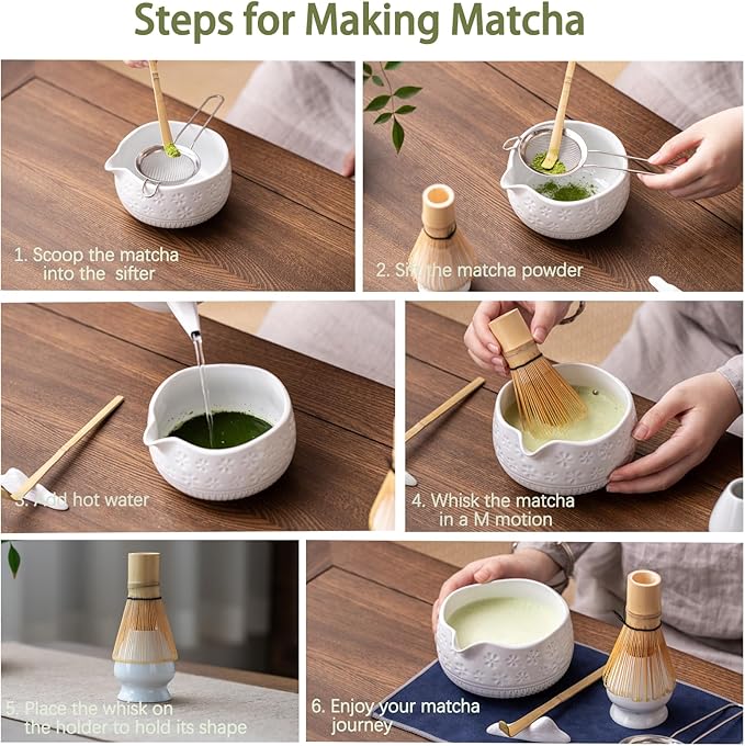 Matcha Whisk Set, Ceramic Matcha Kit Set Includes Matcha Bowl, Matcha Whisk and Holder, Bamboo Scoop, Scoop Rest, Sifter and Tea Towel - 7 Pcs Matcha Kit for Matcha Lovers(White)