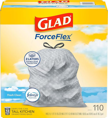 Glad Tall Kitchen Drawstring Trash Bags - Odorshield 13 Gallon White Trash Bag, Febreze Fresh Clean, 110 Count