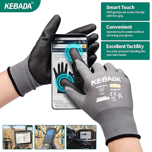 Kebada Safety Work Gloves,120 Pairs Bulk Pack, Touchscreen, PU Coated, Ideal for Warehouse, Construction, Gardening and Mechanics, Grey, XX-Large