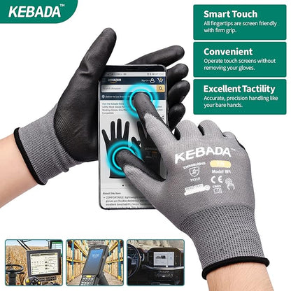 Kebada W1 Work Gloves for Men and Women, PU Coated Safety Gloves with Grip, Touchscreen, Ideal for Warehouse Package Handling, Construction, Gardening, 12 Pairs, Gray X-Small