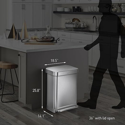 simplehuman 55 Liter / 14.5 Gallon Rectangular Hands-Free Kitchen Step Trash Can with Soft-Close Lid, Brushed Stainless Steel