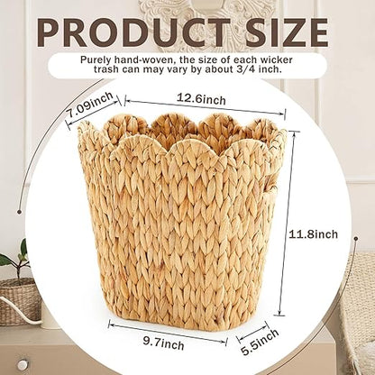 2 Pcs Wicker Trash Can with 50 Small Trash Bag Wicker Waste Woven Basket with Handles Clear Multi Use Garbage Bags for Bathroom Kitchen Bedroom (Calabash Vine,Scalloped Brim)