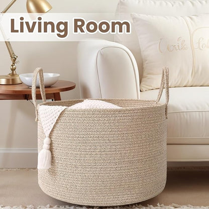 Woven Blanket Basket,115L Large Rope Storage Bin with Handles, Organizer for Blankets Toys Book and Clothes, Laundry Basket for Living Room Bedroom Nursery,Oatmeal