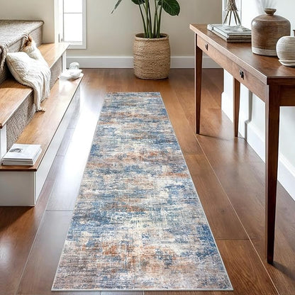 IOHOUZE Abstract Runner Rug 2x8 Ft Washable Runners for Hallways, Non Slip Kitchen Runner Printed Faux Wool Entryway Runner Indoor, Modern Abstract Floor Carpet for Hall Bedroom, Blue Rust