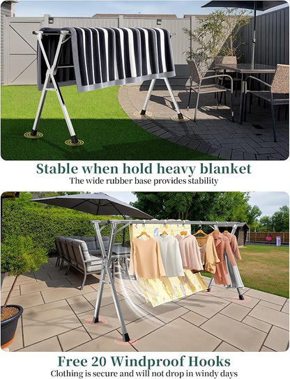 95 Inches Heavy - Duty Stainless Steel Folding Clothes Drying Rack - Indoor/Outdoor Use, Anti-Rust, 20 Windproof Hooks, Portable & Foldable (95'')