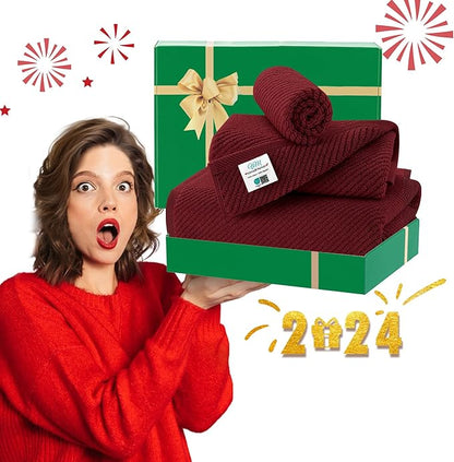 VOOVA & MOVAS 3 Piece Towel Set - 100% Cotton | Quick Dry | Soft | Thick,1 Large Bath 30" x 56", 1 Hand 18" x 28", 1 Wash Cloth 13" x 13", Towels for Bathroom, Bathroom Towels Gift, Burgundy