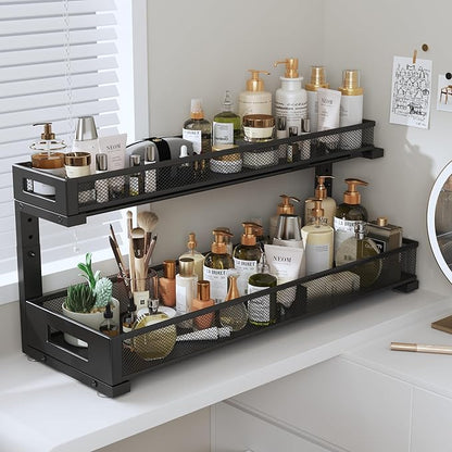 1 Pack 20.47IN Depth Under Sink Storage Organizer, Large 2-Tier Elegant Mesh Pull Out Shelf for Kitchen and Bathroom Cabinet Organization, L-Shaped and Adjustable Height Design-Black