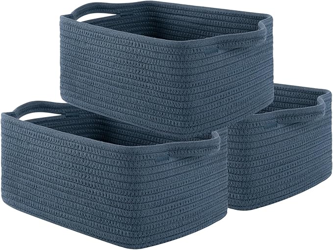 OIAHOMY Cotton Rope Woven Baskets for Storage, Nursery Rectangle Storage Basket with Handles for Shelves, Pack of 3, Blue