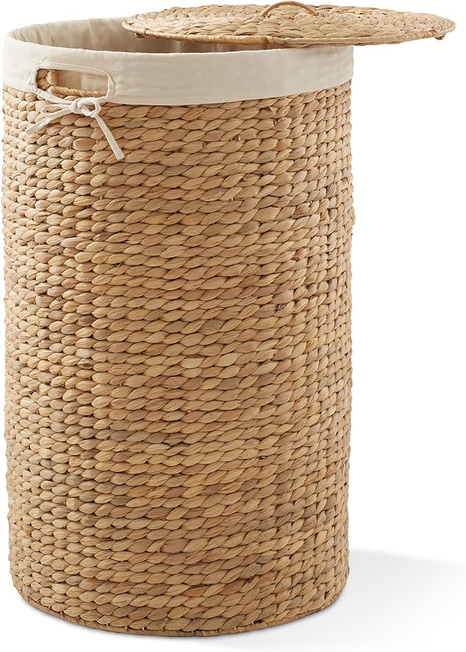 Casafield Round Laundry Hamper with Lid and Removable Liner Bag - Natural, Woven Water Hyacinth Wicker Laundry Basket for Clothes and Towels