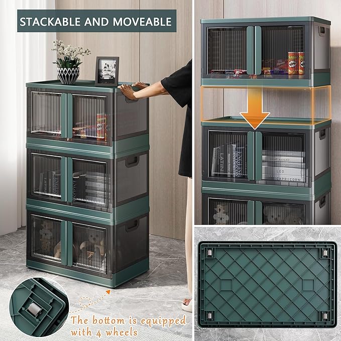 19Gal Collapsible Storage Bins with Lids & Wheels - 2 Pack Stackable with Doors, Heavy-Duty Plastic Containers for Home/Office, Green