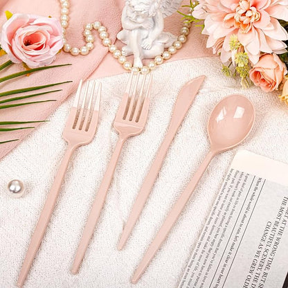 PULOTE 150PCS Pink Plastic Silverware - Plastic Cutlery Heavy Duty - Pink Utensils Set Disposable Include 50 Forks, 50 Spoons, 50 Knives for Wedding, Party & Mother’s Day