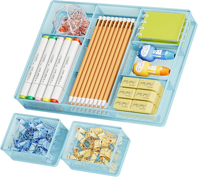 Marbrasse 3 Packs Desk Drawer Organizers, Metal Mesh Dividers with 9 Adjustable Compartments, Pen Organizer for Drawer Tray Box Accessories for Desktop,Kitchen, Makeup(Blue)