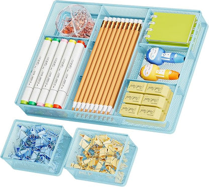 Marbrasse 3 Packs Desk Drawer Organizers, Metal Mesh Dividers with 9 Adjustable Compartments, Pen Organizer for Drawer Tray Box Accessories for Desktop,Kitchen, Makeup(Blue)