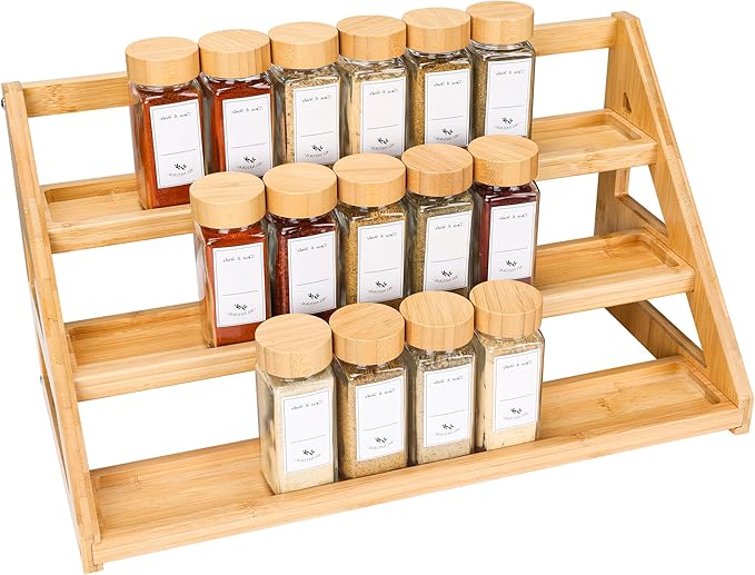 Bamboo Tiered Spice Rack, for Countertop Spice Organizer for Pantry Spice Shelf Organizer Kitchen Spices Rack，Cabinet spice rack，Cabinet seasoning rack